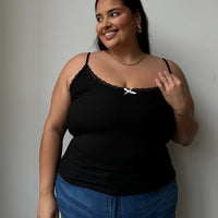 Plus Size Lace And Bow Ribbed Strap Top Black