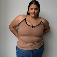 Plus Size Lace And Bow Ribbed Strap Top Brown