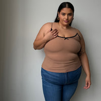 Plus Size Lace And Bow Ribbed Strap Top Brown