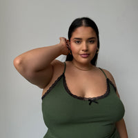 Plus Size Lace And Bow Ribbed Strap Top Olive