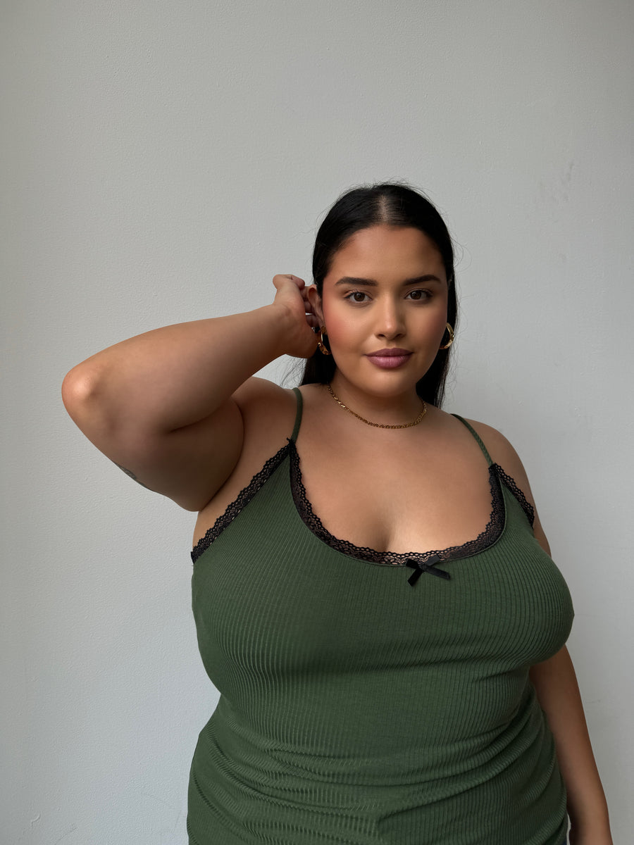 Plus Size Lace And Bow Ribbed Strap Top Olive