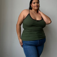 Plus Size Lace And Bow Ribbed Strap Top Olive