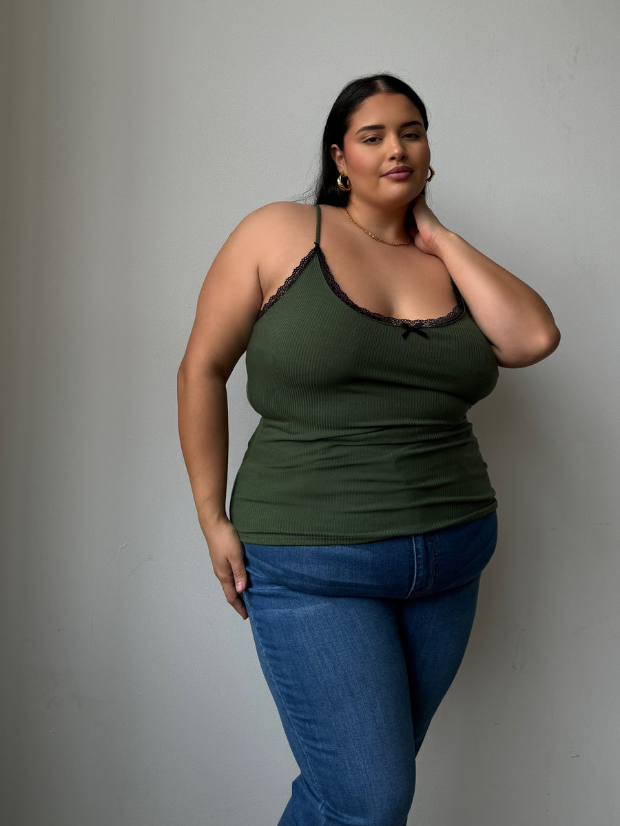 Plus Size Lace And Bow Ribbed Strap Top Olive