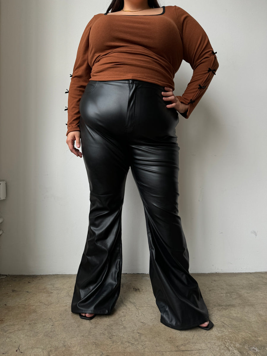 Plus Size PU Leather Flared Pants - Black