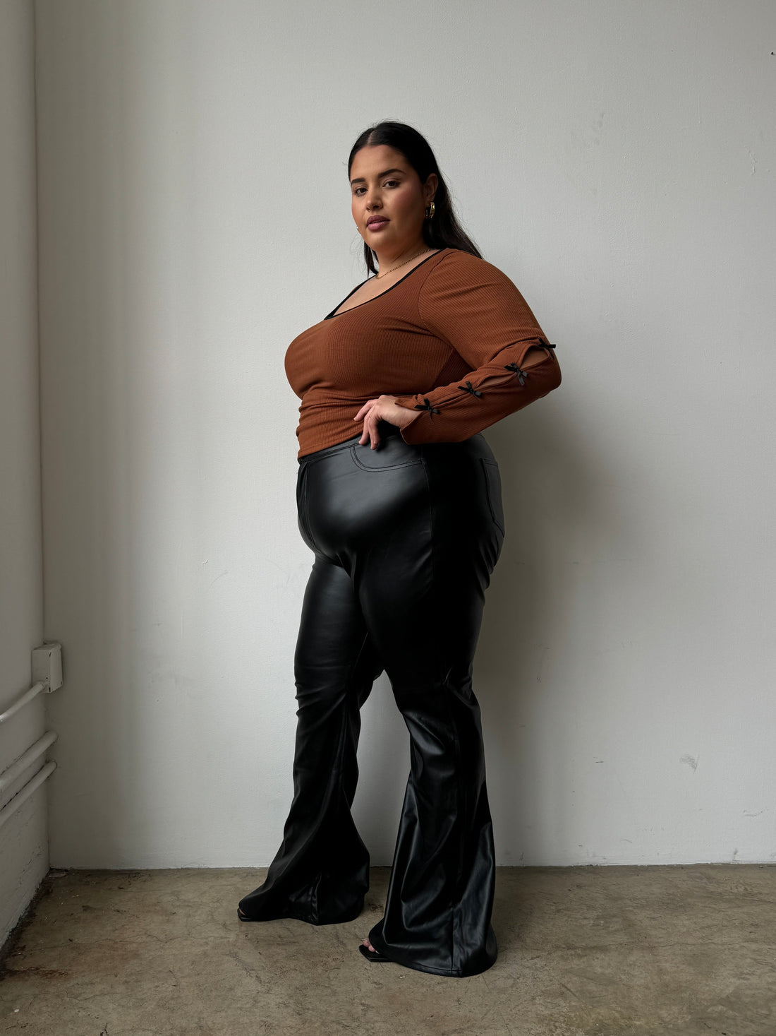 Plus Size PU Leather Flared Pants - Black