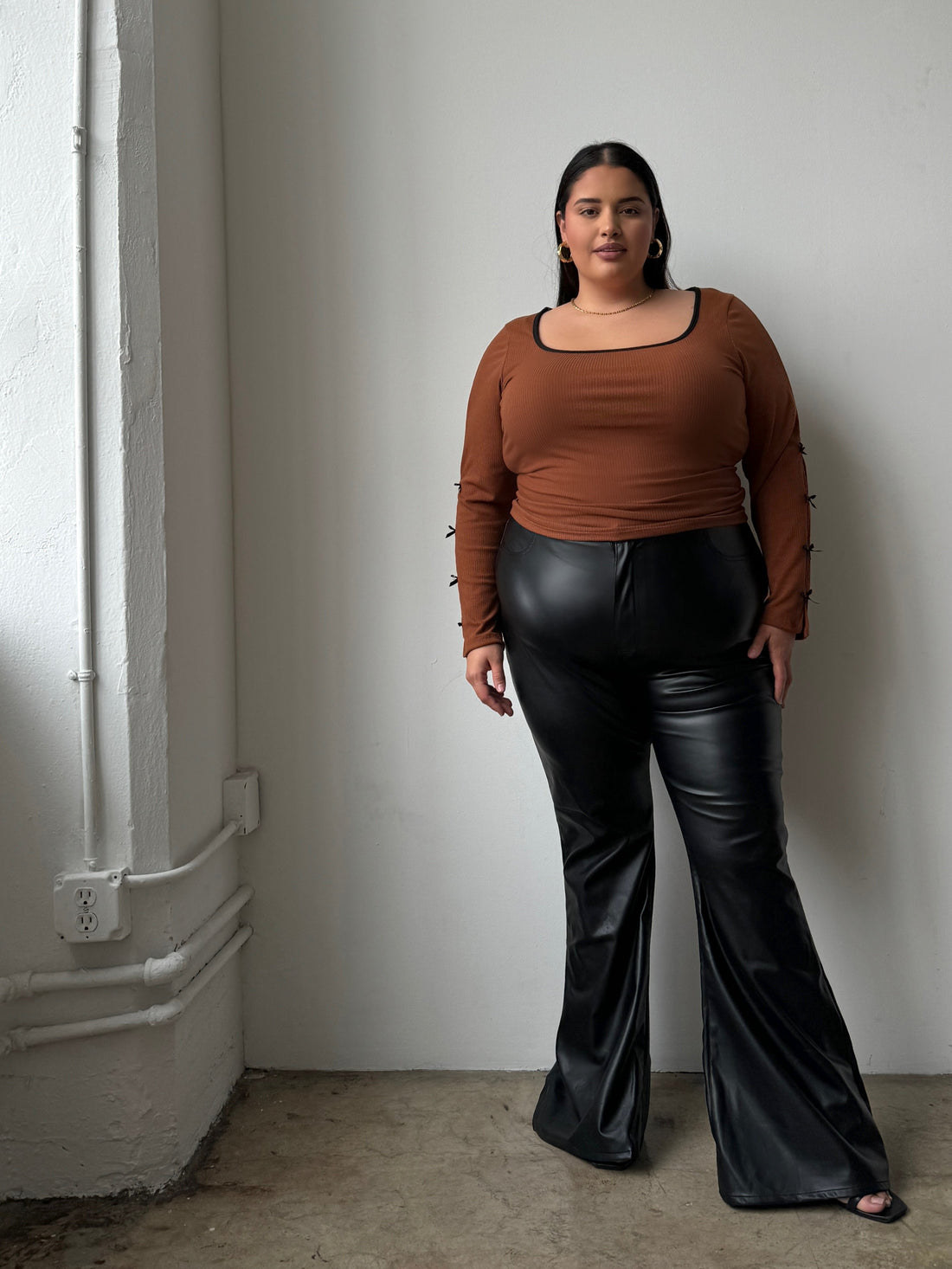 Plus Size PU Leather Flared Pants - Black