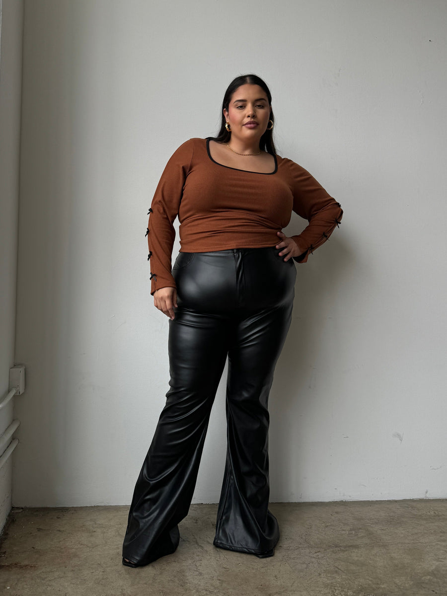 Plus Size PU Leather Flared Pants - Black