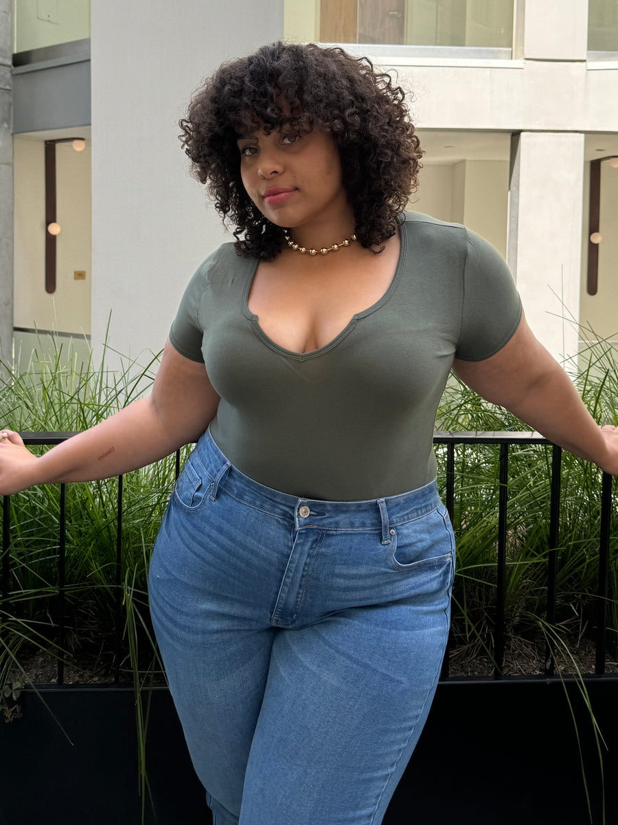 Plus Size Mini V-Cut Tee-Olive