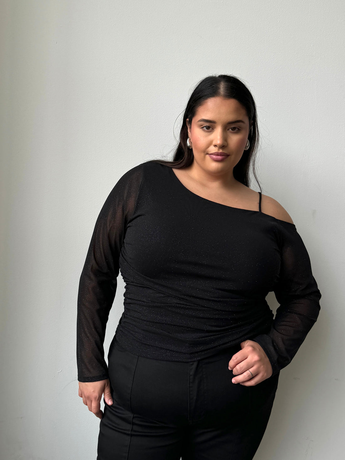 Plus Size One Shoulder Shimmer Top Black