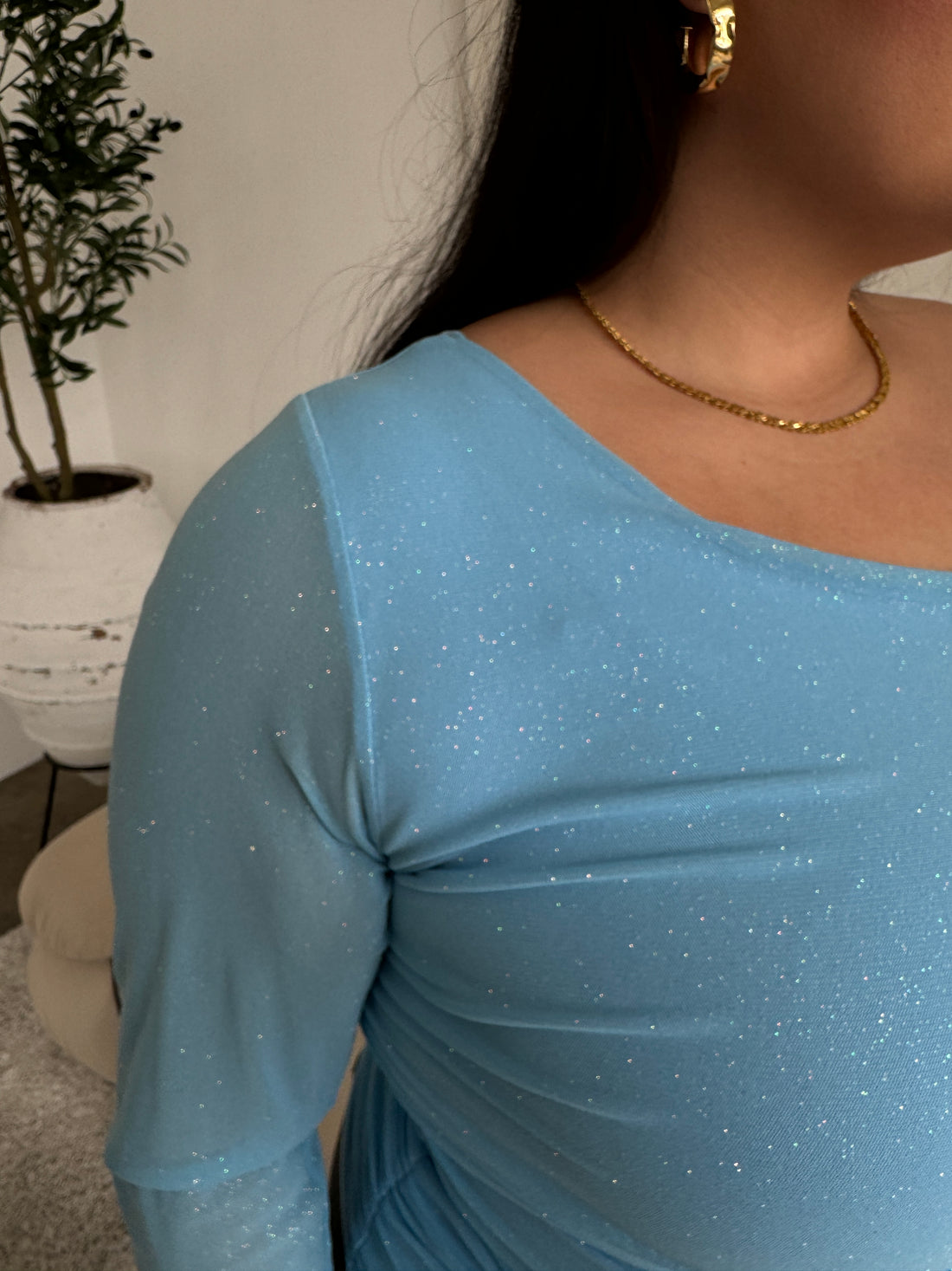 Plus Size One Shoulder Shimmer Top Blue