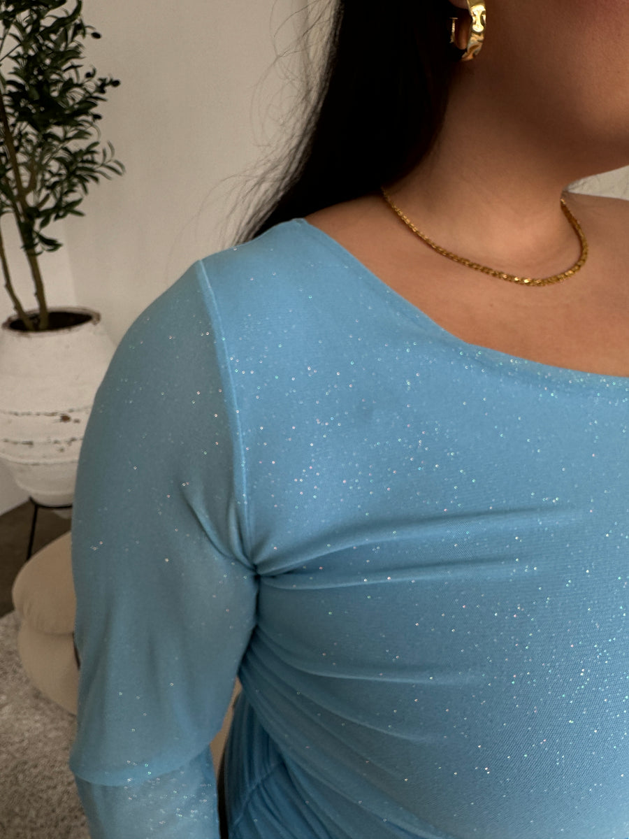 Plus Size One Shoulder Shimmer Top Blue