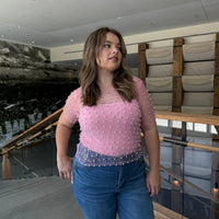 Plus Size Pearl Embellished Mesh Top - Mauve