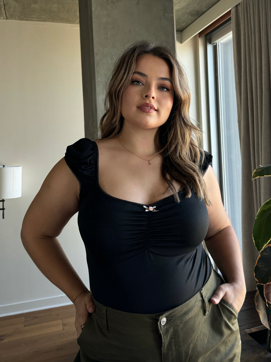 Plus Size Rose Cap Sleeve Top - Black