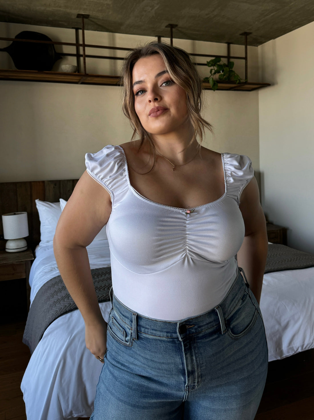 Plus Size Rose Cap Sleeve Top - White