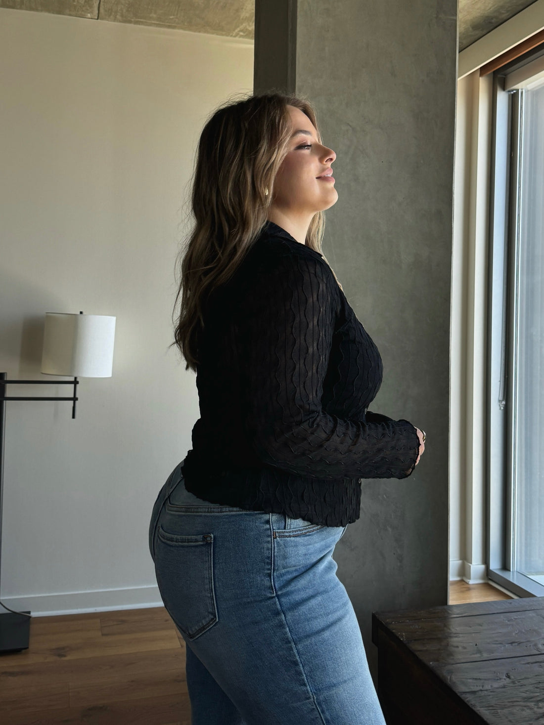 Plus Size Sheer Textured Long Sleeve Shirt Black