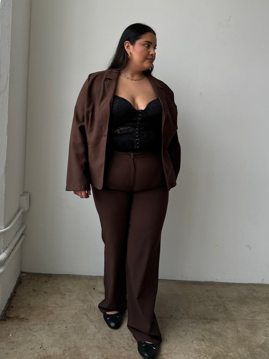 Plus Size Solid Trouser Pants Brown