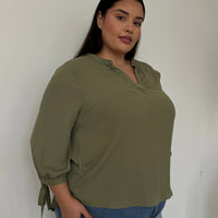 Plus Size Split Neck Flowy Blouse Plus Size Tops Olive 1XL -2020AVE