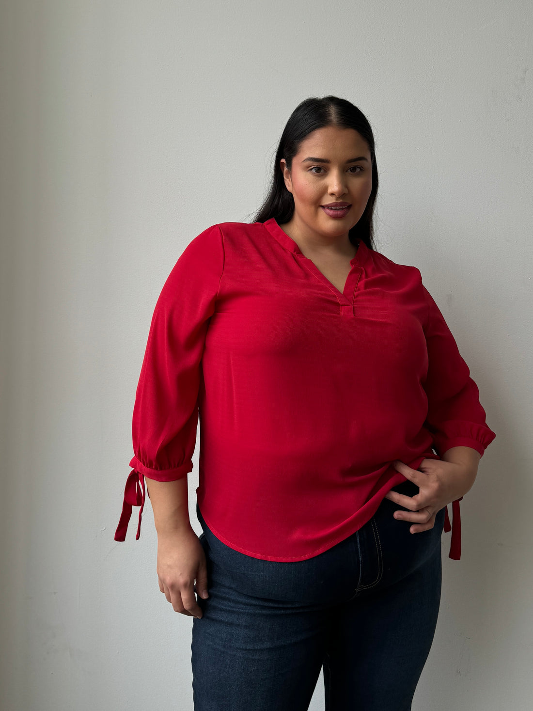 Plus Size Split Neck Flowy Blouse Plus Size Tops Red 1XL -2020AVE