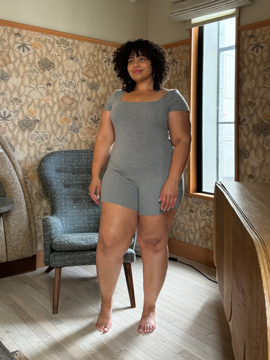 Plus Size Square Neck Onesie Romper Gray