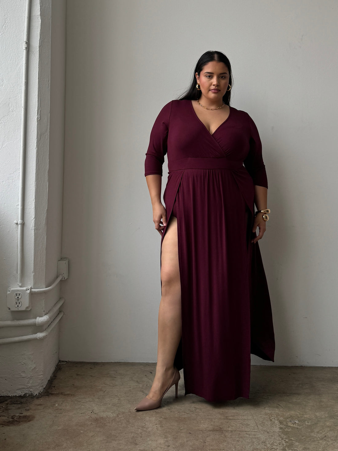 Plus Size Sultry Double Slit Dress Burgundy