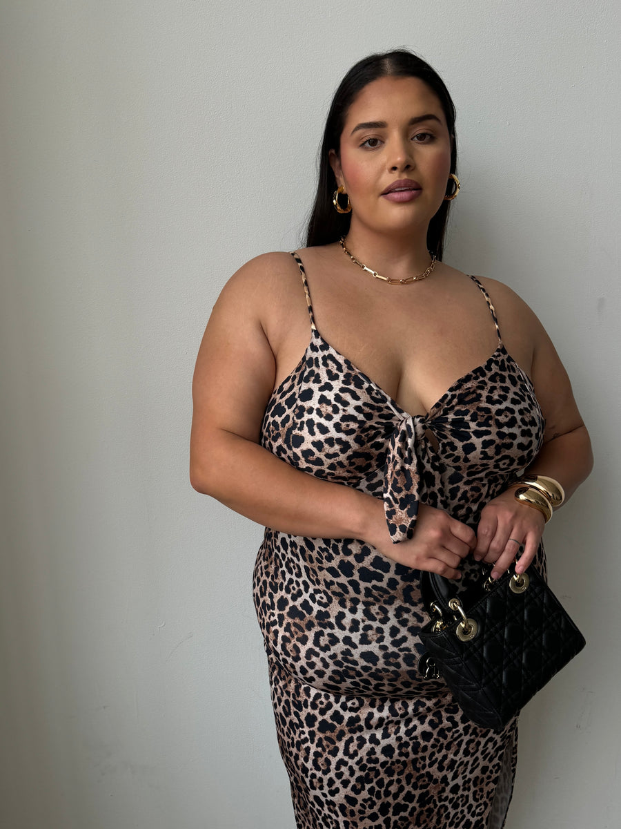 Plus Size Tie Front Leopard Midi Dress