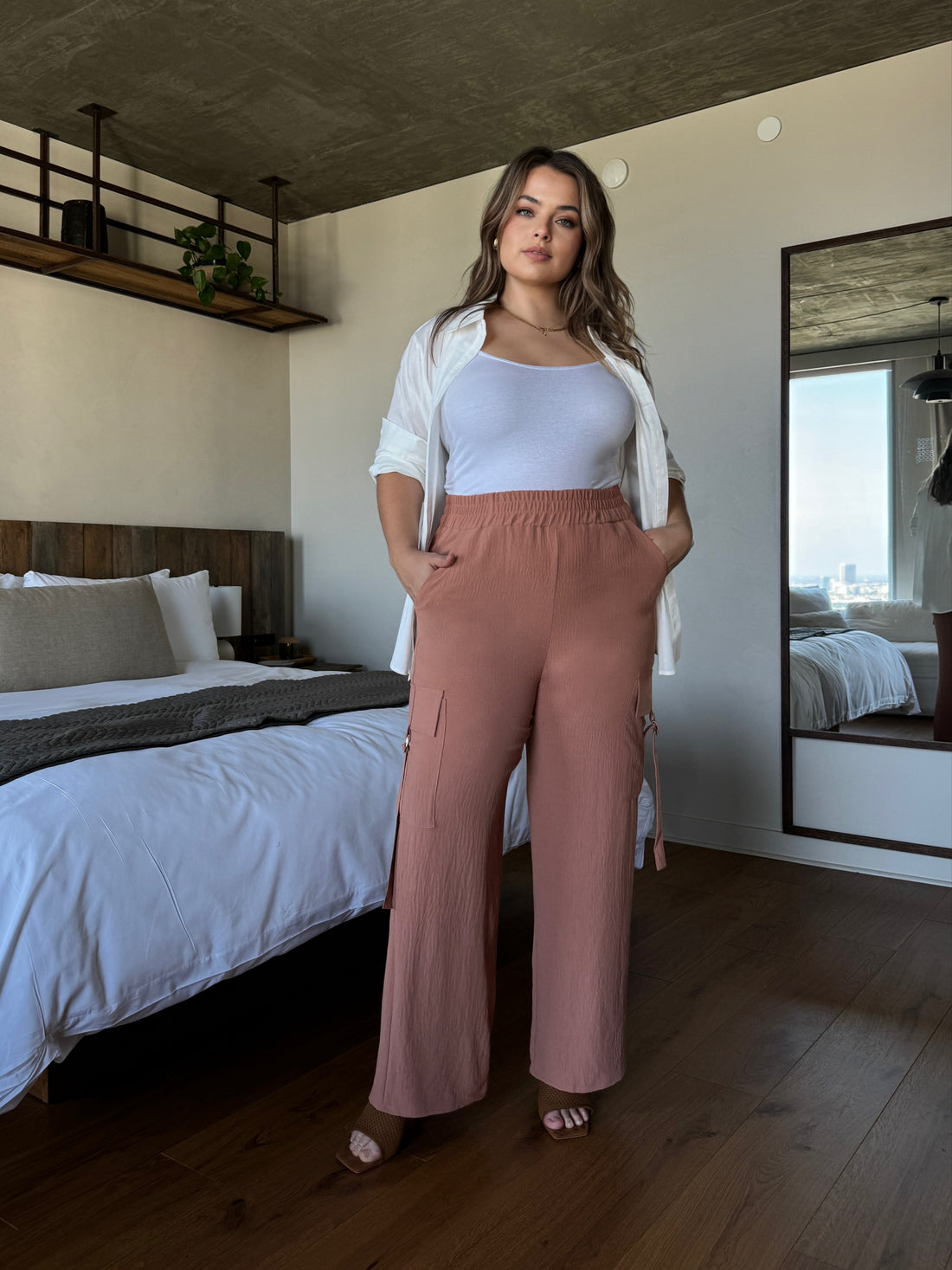 Plus Size Wide Leg Cargo Trousers - Rust