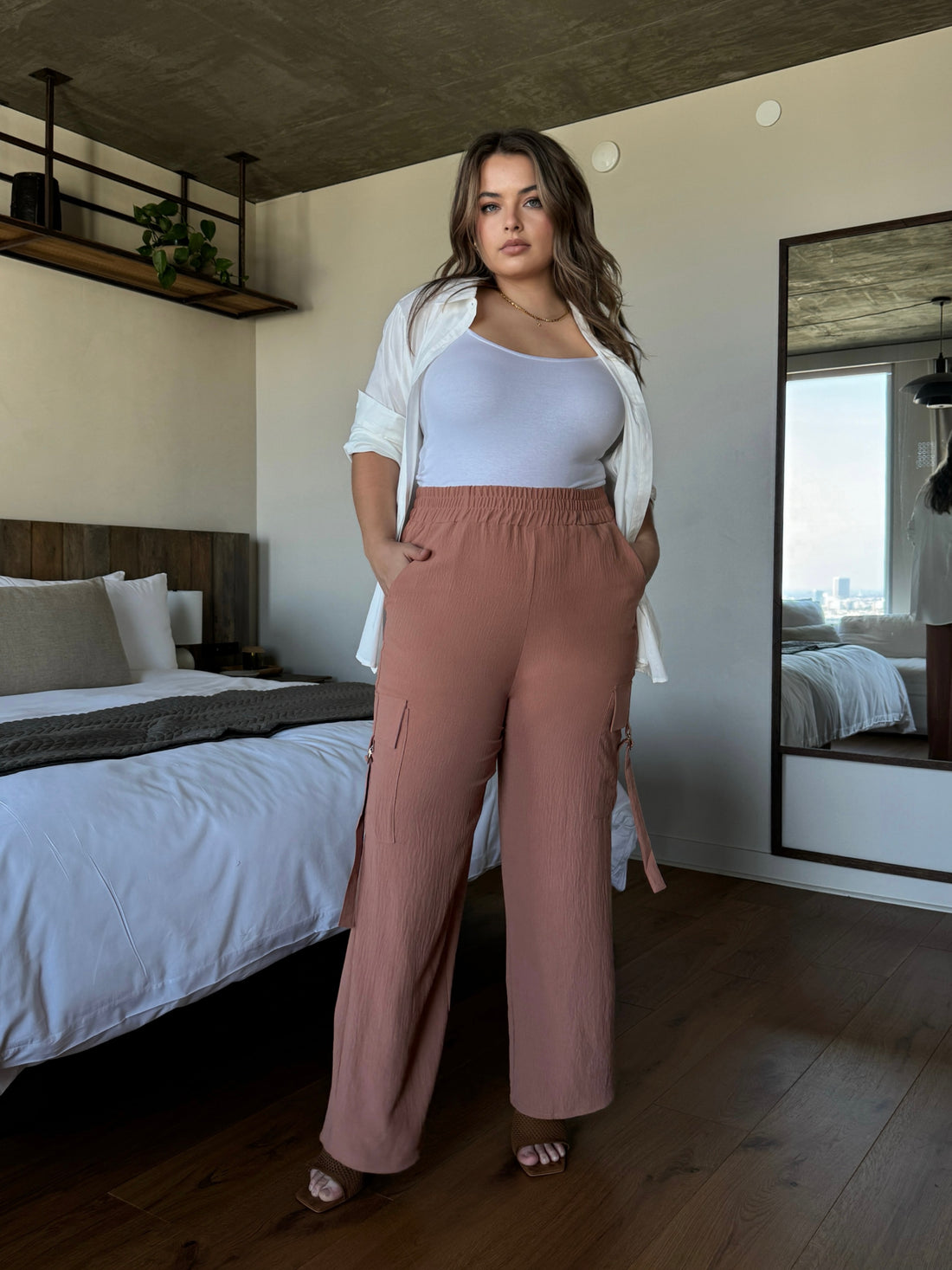 Plus Size Wide Leg Cargo Trousers - Rust