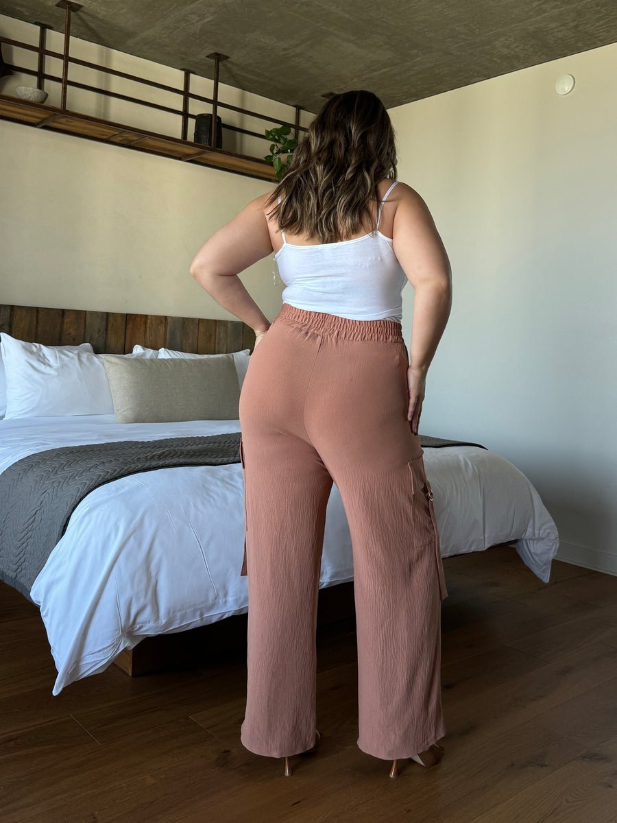 Plus Size Wide Leg Cargo Trousers - Rust