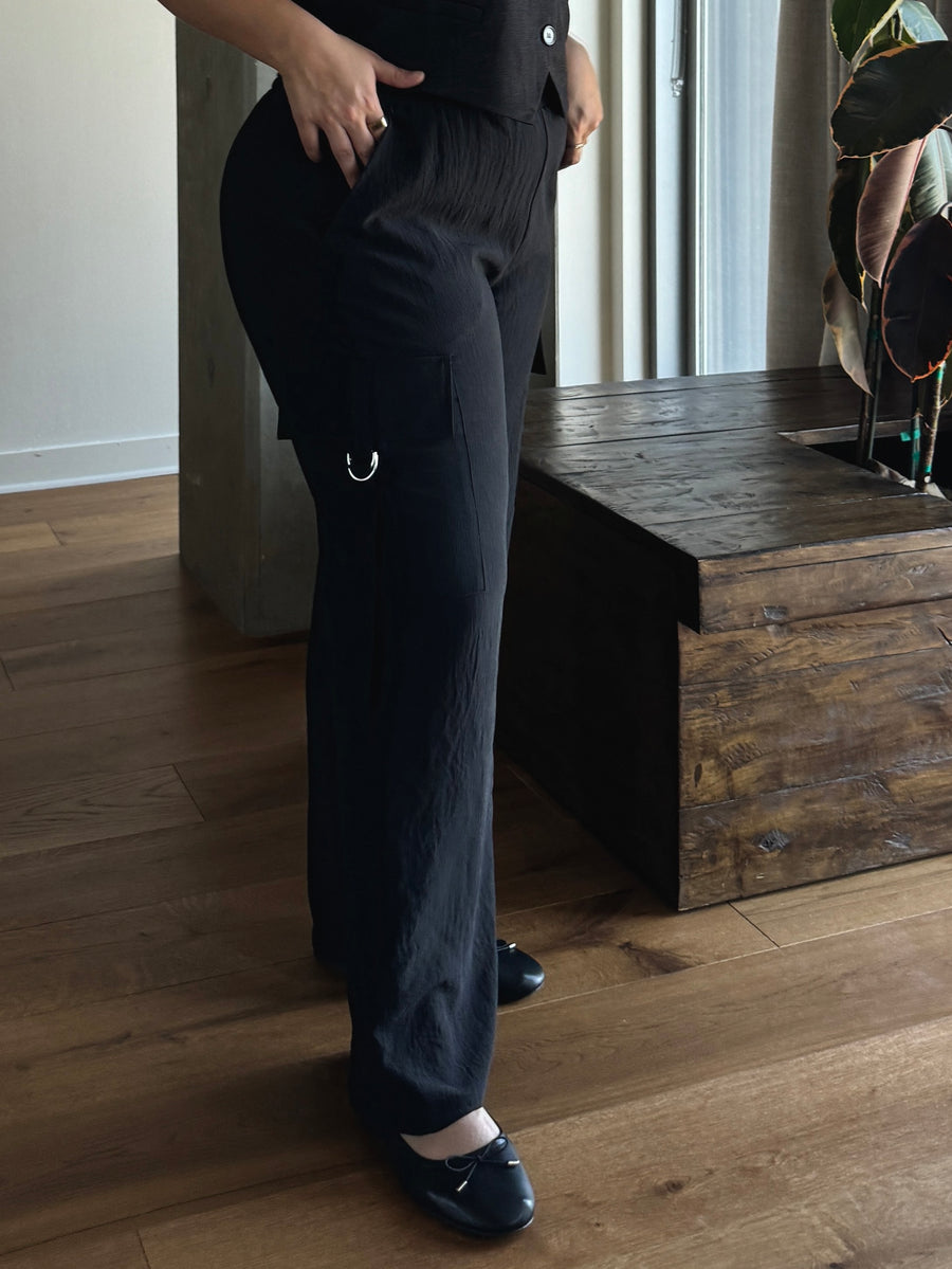 Plus Size Wide Leg Cargo Trousers - Black