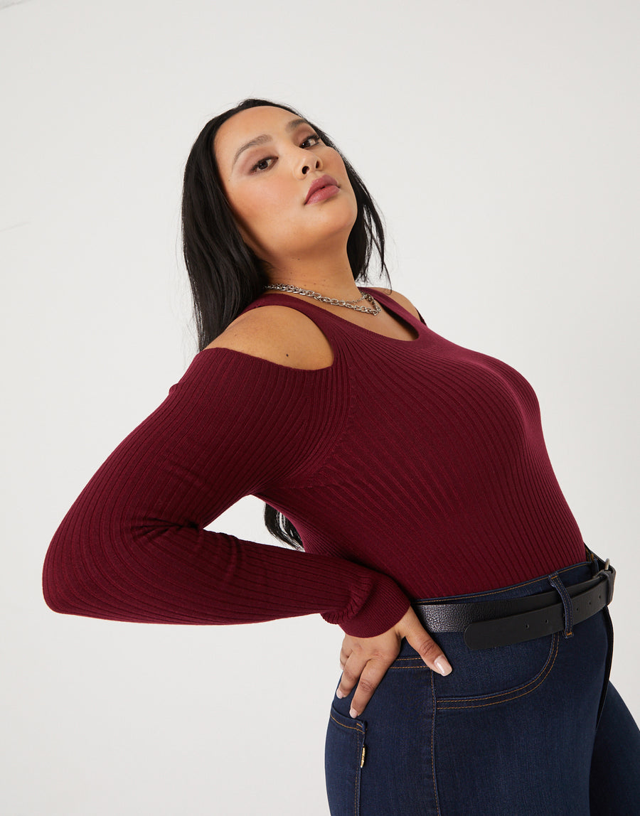 Curve Cold Shoulder Top Plus Size Tops Burgundy 1XL -2020AVE