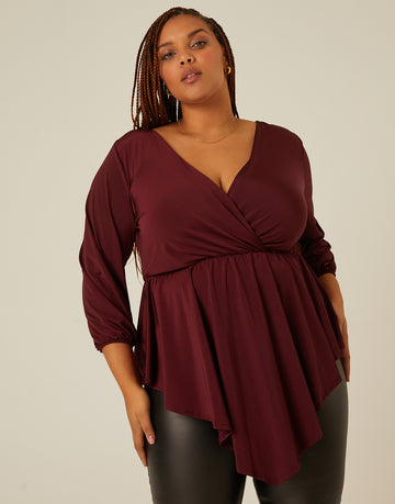 Curve Drapey Surplice 3/4 Sleeve Top Plus Size Tops Burgundy 1XL -2020AVE