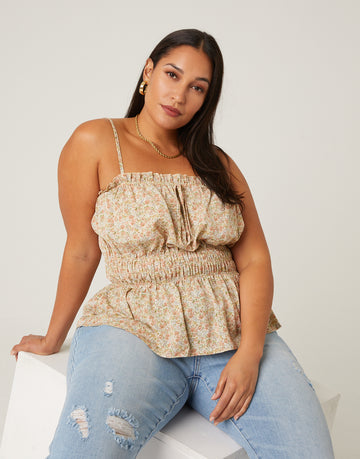 Curve Floral Smocked Tank Plus Size Tops Cream 1XL -2020AVE