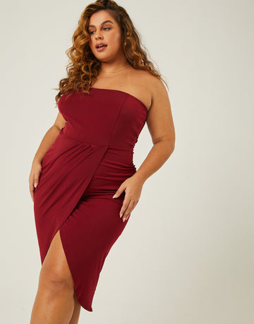 Curve High Slit Strapless Dress Plus Size Dresses Burgundy 1XL -2020AVE