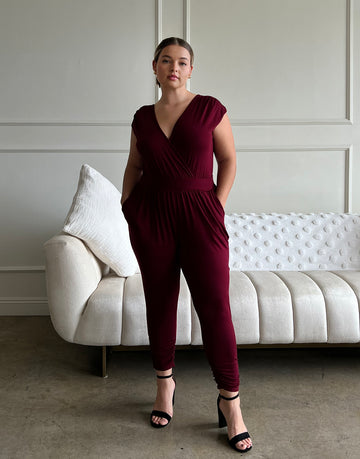 Curve Knit Sleeveless Jumpsuit Plus Size Rompers + Jumpsuits Burgundy 1XL -2020AVE