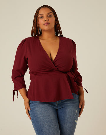 Curve Long Sleeve Woven Wrap Top Plus Size Tops Burgundy 1XL -2020AVE