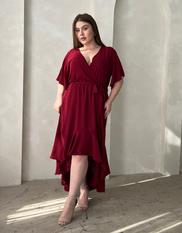 Curve Short Sleeve High Low Dress Plus Size Dresses Burgundy 1XL -2020AVE