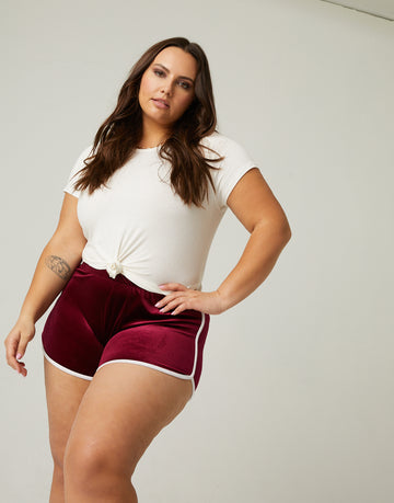 Curve Velvet Dolphin Shorts Plus Size Bottoms Burgundy 1XL -2020AVE